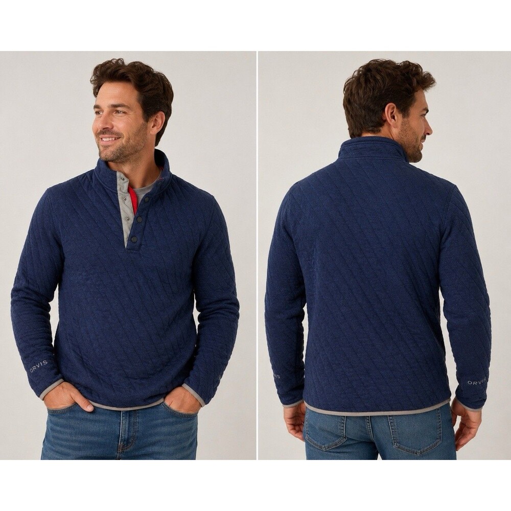 Orvis Mens Small Quilted Snap Mock Neck Pullover Sweatshirt Blue Outdoor